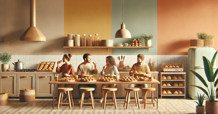 Pessoas apreciando salgados como coxinhas, empadas e esfihas em um ambiente aconchegante de cozinha ou restaurante
