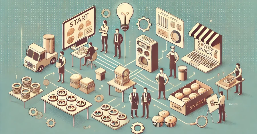 Elementos representando os passos iniciais para criar um negócio de salgados, como escolha de receitas e planejamento de custos